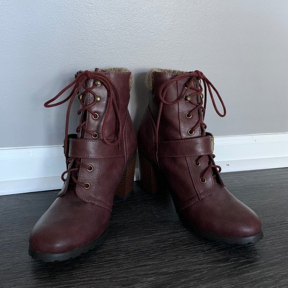 Shoedazzle Maroon high heel boots with buckle. - Picture 2 of 3